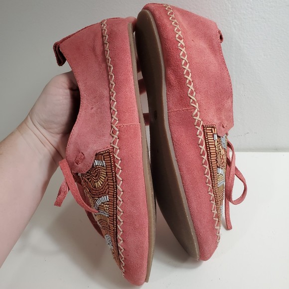 Free People 37 Llani Beaded Moccasins Pink Suede Leather Boho Flat Metallic - Picture 9 of 12